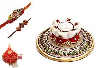 Traditional Rakhi Gift Hamper: Marble agarbatti stand, Set of 2 Rakhis, Roli Chawal (rakhi8a)