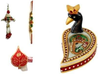Rakhi Gift Set for brother and bhabhi: Marble chopra, rakhi set, roli chawal