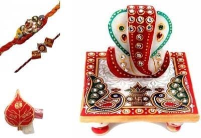 Rakhi Gift Set for brother: Marble ganesha, rakhi set, roli chawal
