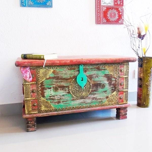 Brass Sheet Work On Distressed Finish Rectangular Trunk
