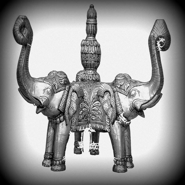 White Metal And Teak Wood Carving Centre Table "Heralding Elephants"