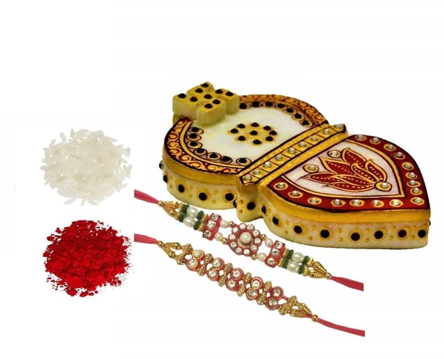 Rakhi Hamper, Marble Roli Chawal Holder Kumkum Box Shaped Like Kalash, Set of 2 Rakhi for Brother & Auspicious Roli Chawal Tika (Rakhi4b)
