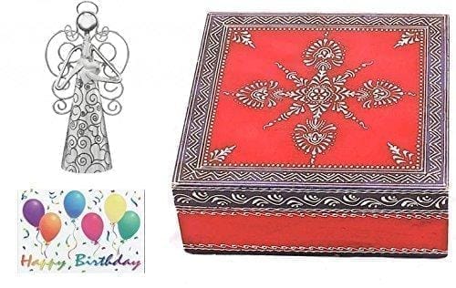 birthday gift : Handpainted Red Box with Heart holding angel bell and birthday card