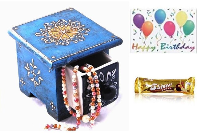 birthday gift: Handcrafted Jewelery box, birthday card, Cadbury 5 Star chocolate pack