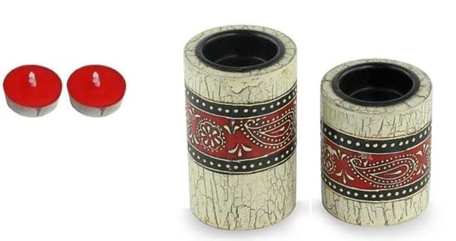 Diwali gift Hamper: Wooden Candle Holder, Diya Set of  2 dh5c