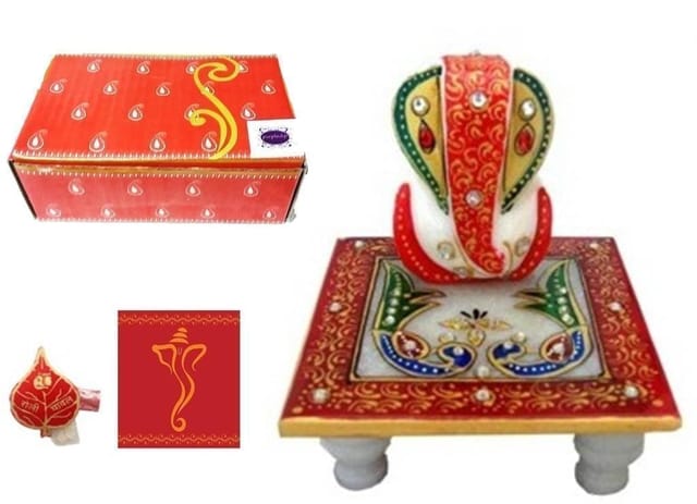 Diwali gift Hamper: Marble Chowki Ganesh, roli Chawal, Greeting Card dh1b