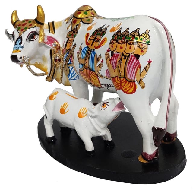 Purpledip Resin Idol Kamdhenu Wish Cow & Calf: Hindu Gods Painted Good Luck Statue, Multicolor (10104)