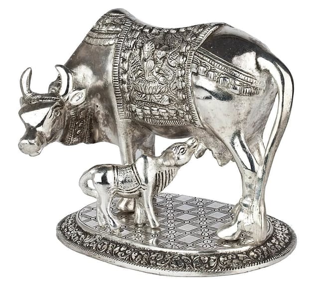 White Metal Cow with Calf Statue, Indian gift ideas (10175)