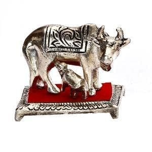 White Metal Cow with Calf Statue, Indian gift ideas (10169)