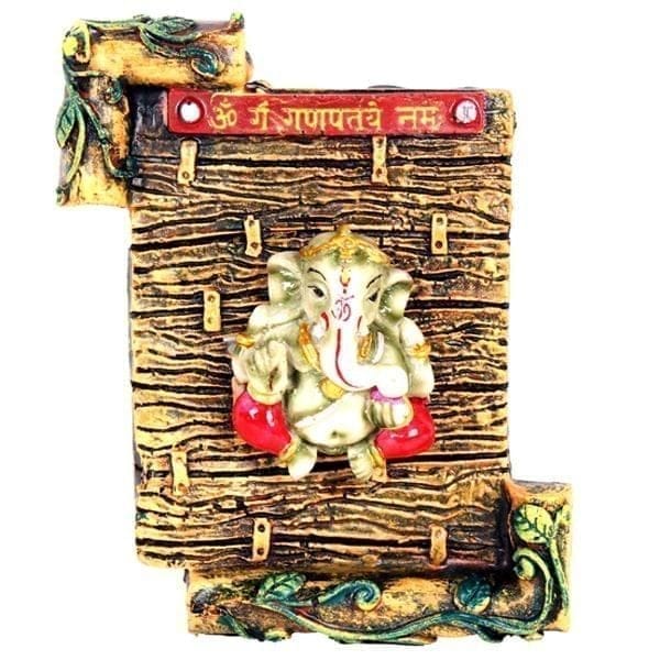 Hindu Religious God Wall Hanging: Ganesha / Ganapathi / Vinayaka Relief Sculpture on Seawood-styled Panel: Made of Poly-fibre (10138)