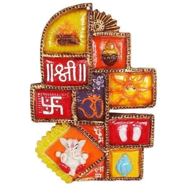 Good-Fortune Temple Wall Hanging: Om / Swastika / Shri / God's Footprint / Ganesha-sawaari Mooshak / Deepak Light / Flower (10135)