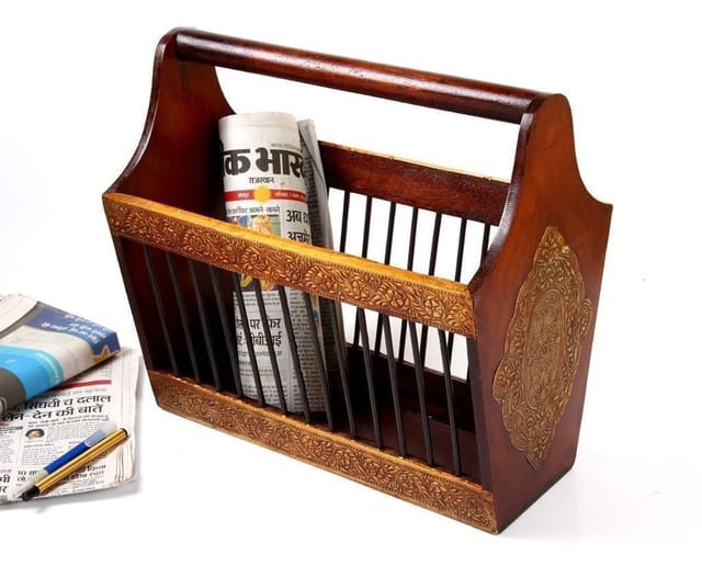 Wooden Painted Brass Embossed Magazine Holder Basket (10157)