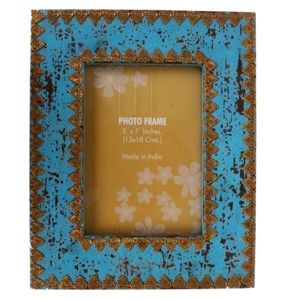 Distress finish photo frame with brass adornments for 5x7 inch picture size,Blue Color (10125)