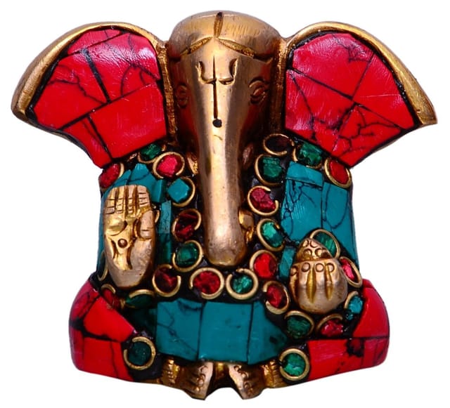 Hindu Religious God Small Statue of Lord Ganesha in Solid Brass Metal with Turquoise Gem-stone Work (10358)