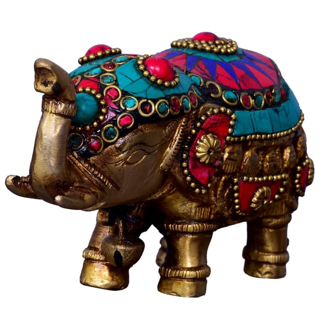 Brass Metal Elephant Statue Showpiece with Gem-stone Work: Feng Shui Good Luck Symbol or Royal (10319)