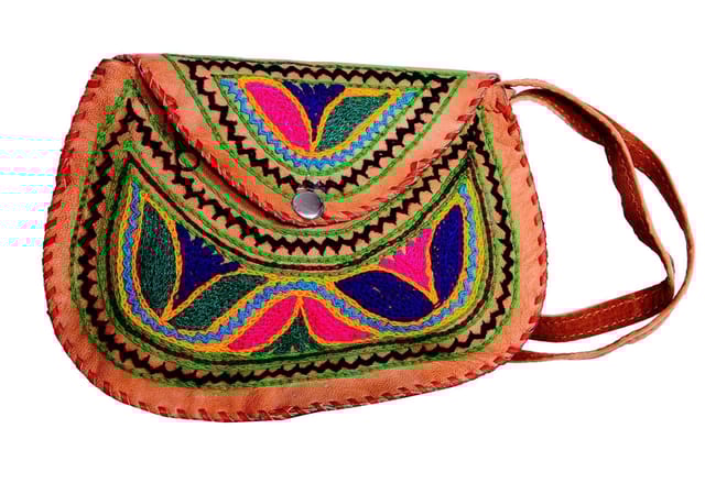 Leather Sling Bag/Purse for Women/Girl's with Colourful Embroidery: Handmade Designer Bag with Vintage Brown Leather  (10311)