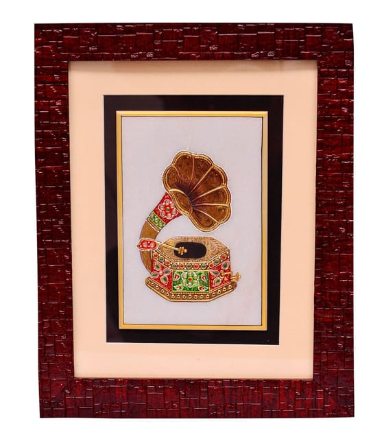 Indian gift item: Marble tile painting of musicial instrument, framed to perfection, Handpainting with gold work (10552)