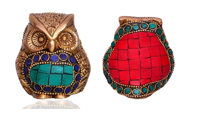 Brass Statue Lucky Owl: Collectible Showpiece with Gemstones (10530)