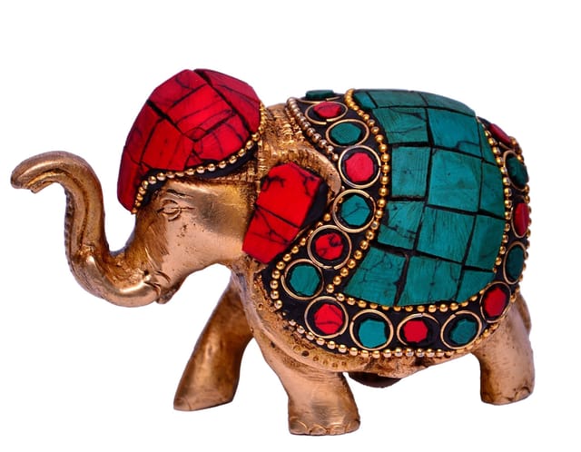 Brass Metal Elephant Statue Showpiece with Gem-stone Work (10635)