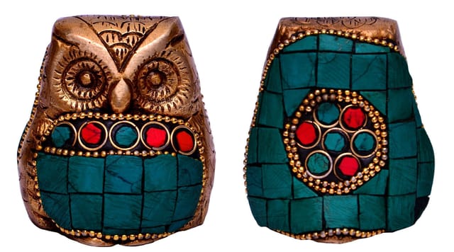 Owl Statue Sculpted in Brass with gemstone work, 5 cms Small statue (10634)