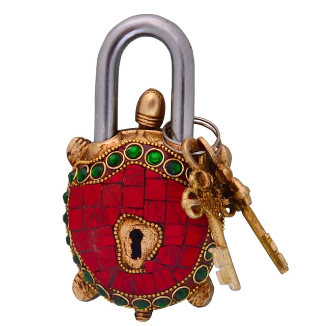 Tortoise Turtle Shaped Brass Lock Padlock: Handmade Antique Design With Colorful Gemstone Work (10700)
