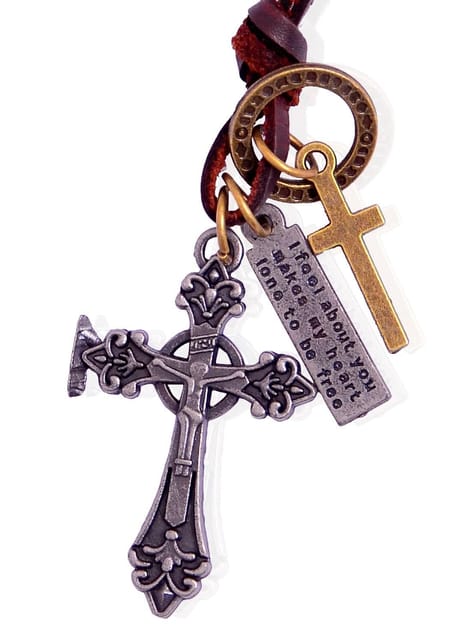 Mens Necklace Chain: Vintage Gothic Christ Cross, Cross, Dog Tag Pendant with Adjustable Leather Cord (30061)
