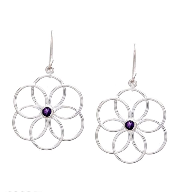 Dangle Earrings "Radiant Flower": Handcrafted Sterling Silver & Amethyst Ear Rings (30030)