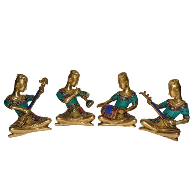Set of 4 folk musicians 6 inch Pure brass with gemstonework Statues Showpieces Brass statues Table Decor Handcrafted Indian Gift                         (10800)
