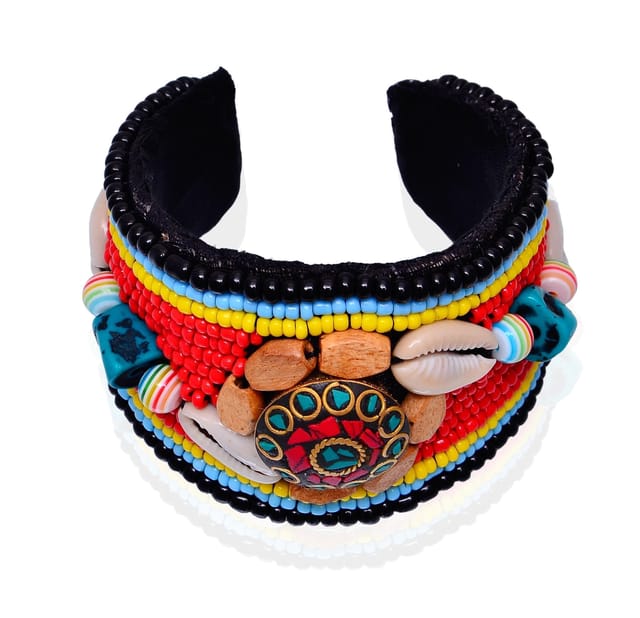 Bracelet With Funky Beadwork & Brass Gemstone Mosaic-work Jewel Adjustable Cotton Made Stylish College Wear For Girls (30095)