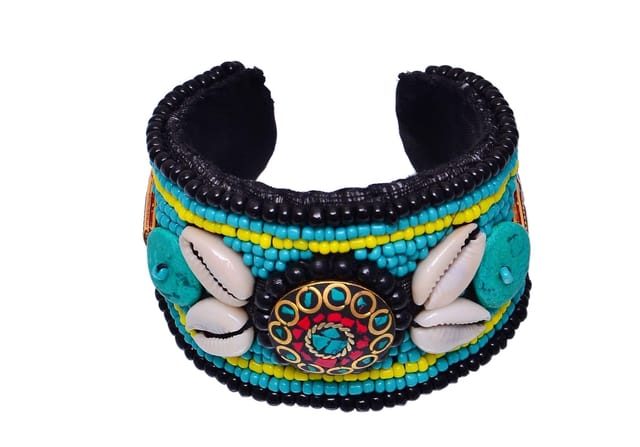Bracelet With Funky Beadwork & Brass Gemstone Mosaic-work Jewel Adjustable Cotton Made Stylish College Wear For Girls (30094)