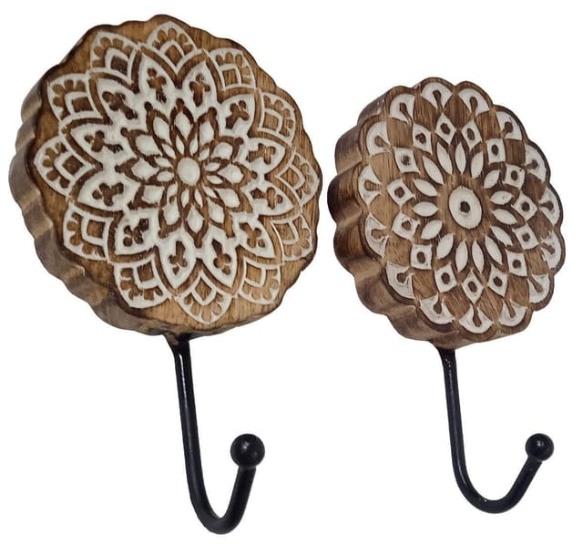Wooden Wall Hooks: Set Of 2 Mandala Design Decorative Hangers (10939)