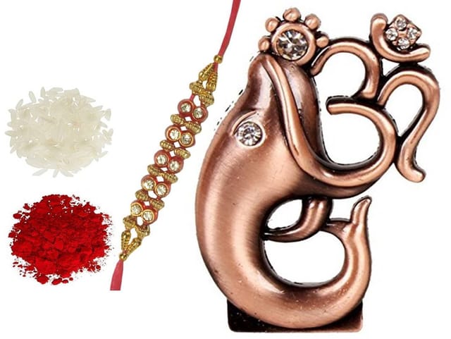 Traditional Rakhi for Brother and Bhabhi: Ganesh Statute, Designer Rakhis & Auspicous Roli Chawal (rakhi62b) (Copper)