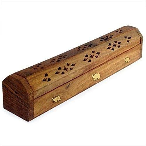 Wooden Incense Stick Holder Cone Burner Stand Box: Storage Compartment, Ash Catcher: Hand Carved With Elephant Brass Inlay (11009)