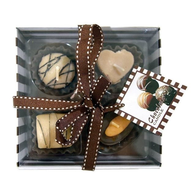 Chocolate Scented Candles: Set of 4 Decorative Wax Diya/Deepak Shaped like Desinger Chocolates of Size 2 Inches Each in a Gift box for Diwali / Deepawali (10973)