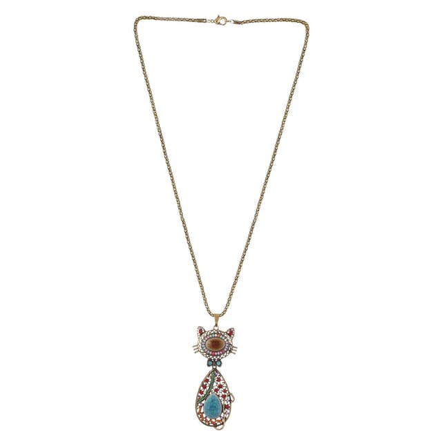 Necklace With Long Chain And Colorfully Embellished Funky Metal Kitty Cat Pendant (30104)