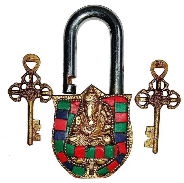 Brass Lock Padlock Ganesha: Antique Design With Colorful Gemstones; Unique Collectible Combination Of Beauty & Security With Religious Significance (11093)