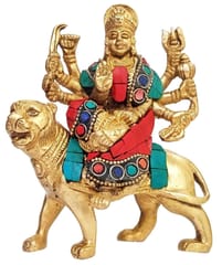 Brass Idol Durga Sherawali Ma: Collectible Statue For Home Temple With Gemstone Work (11076)