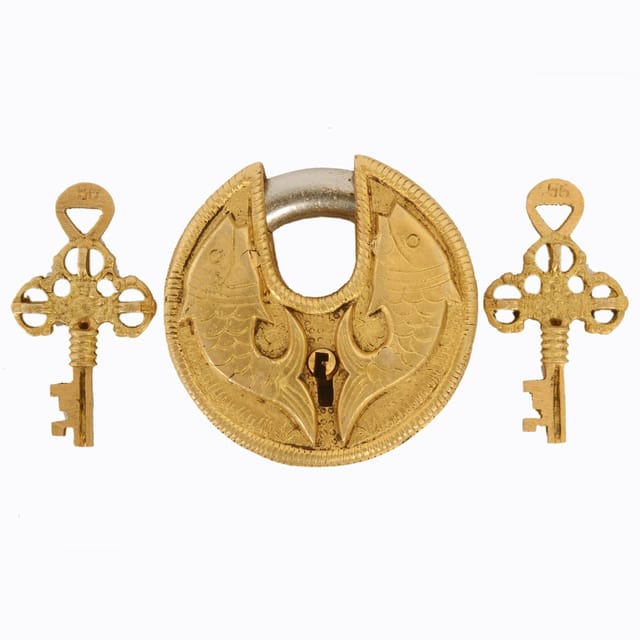 Brass Lock Padlock With Fish: Round Antique Design; Unique Collectible Combination With Feng Shui Vastu Significance (11043)