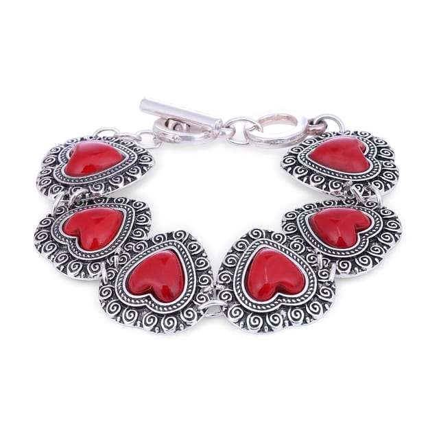 Vintage Bracelet 'Cherry Red Hearts': Adjustable Design Set In Oxidised Metal; Party-wear Jewelry For Girls (30115)
