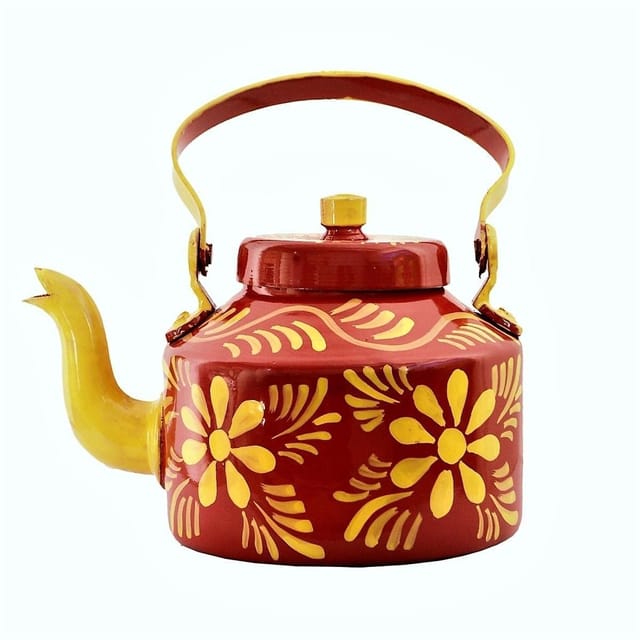 Aluminium Handpainted Kettle Teapot: Holds 6 cups, 1 litre, Indian Souvenir Gift (11218a)