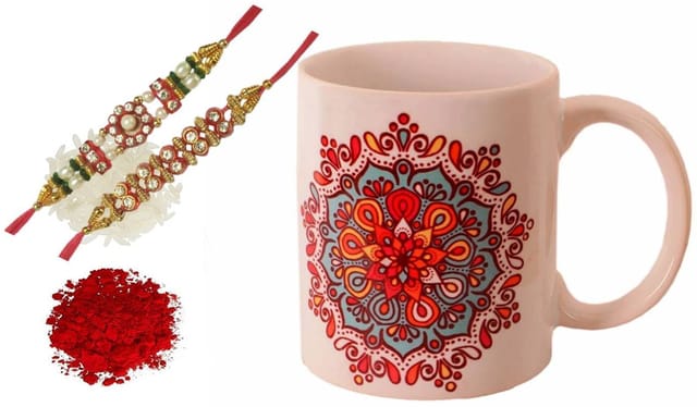 Rakhi Hamper: Traditional Design Ceramic Mug,  2 Designer Rakhis & Roli Chawal (rakhi64A)
