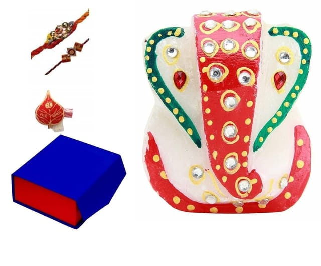 Purpldip Rakhi Gift Set: Small Ganesha Marble Statue, 2 Designer Rakhis, Roli Chawal In Red Paan Packing in a Classy Gift Box (rakhi68)
