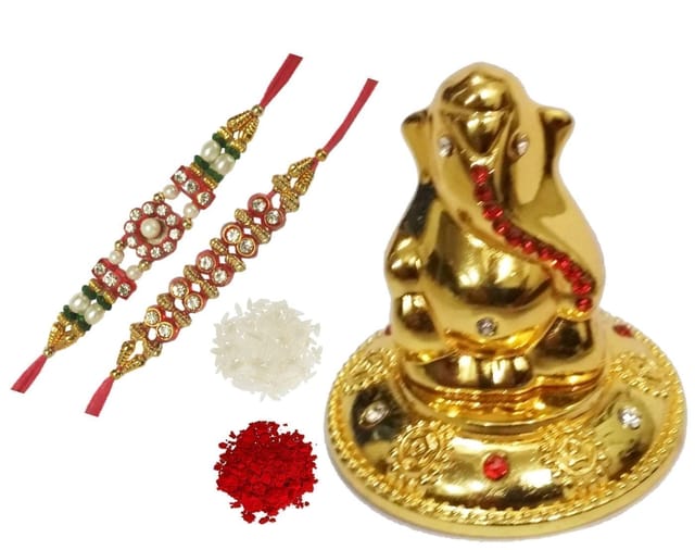 Purpldip Rakhi Gift Set: Golden Ganesha Statue With Glittering Gems, 2 Designer Rakhi, Roli Chawal  (rakhi66)