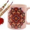 Rakhi Hamper For Brother : Ceramic Mug With Ethnic Rangoli Pattern, 2 Designer Rakhi & Pack Of Roli Chawal (rakhi64b)