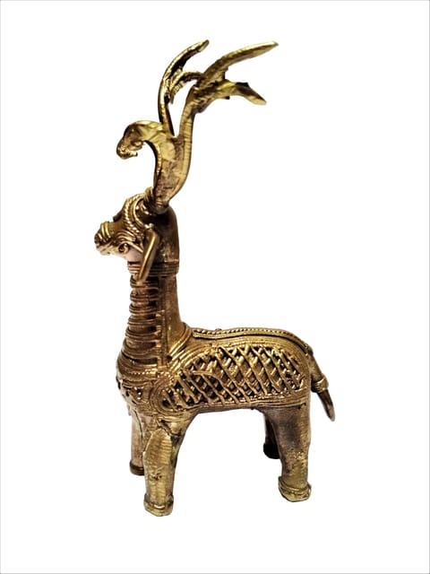 Brass Dhokra Art Deer Statue; Vintage Gift Showpiece (11537)