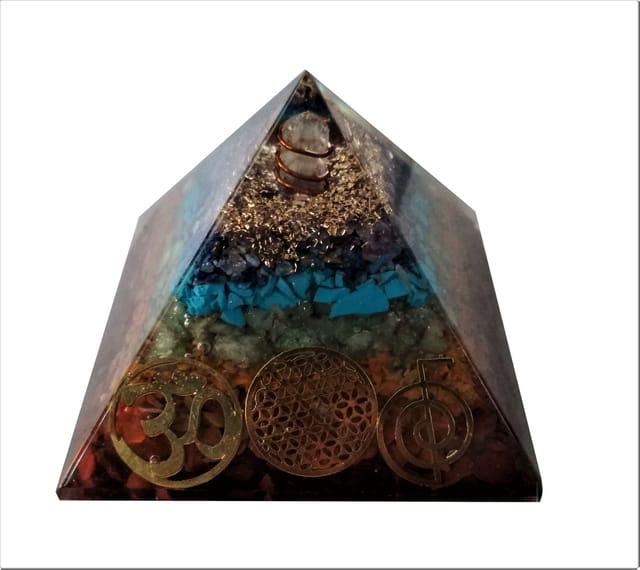 Seven Chakra Pyramid with Reiki Symbols: Energy Field Of Amethyst, Lapis Lazuli, Green Aventurine, Camel Color Agate, Jasper Red, Red Cornelion & Copper (11513)