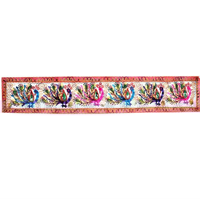 Cotton Tapestry 'Peacocks Jambooree': Vintage Embroidery Table Runner or Wall Hanging (11485)