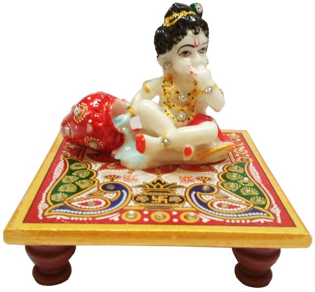 Marble Statue Lord Krishna: Painted Makahan Chor Idol on Chowki (11566)