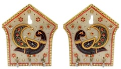Marble Key Hooks 'Dancing Peacocks' (Set of 2): Unique Indian Wall Decor Souvenir (11565)