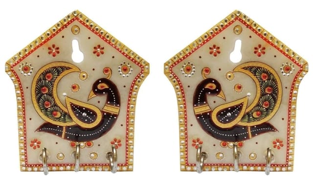 Marble Key Hooks 'Dancing Peacocks' (Set of 2): Unique Indian Wall Decor Souvenir (11565)